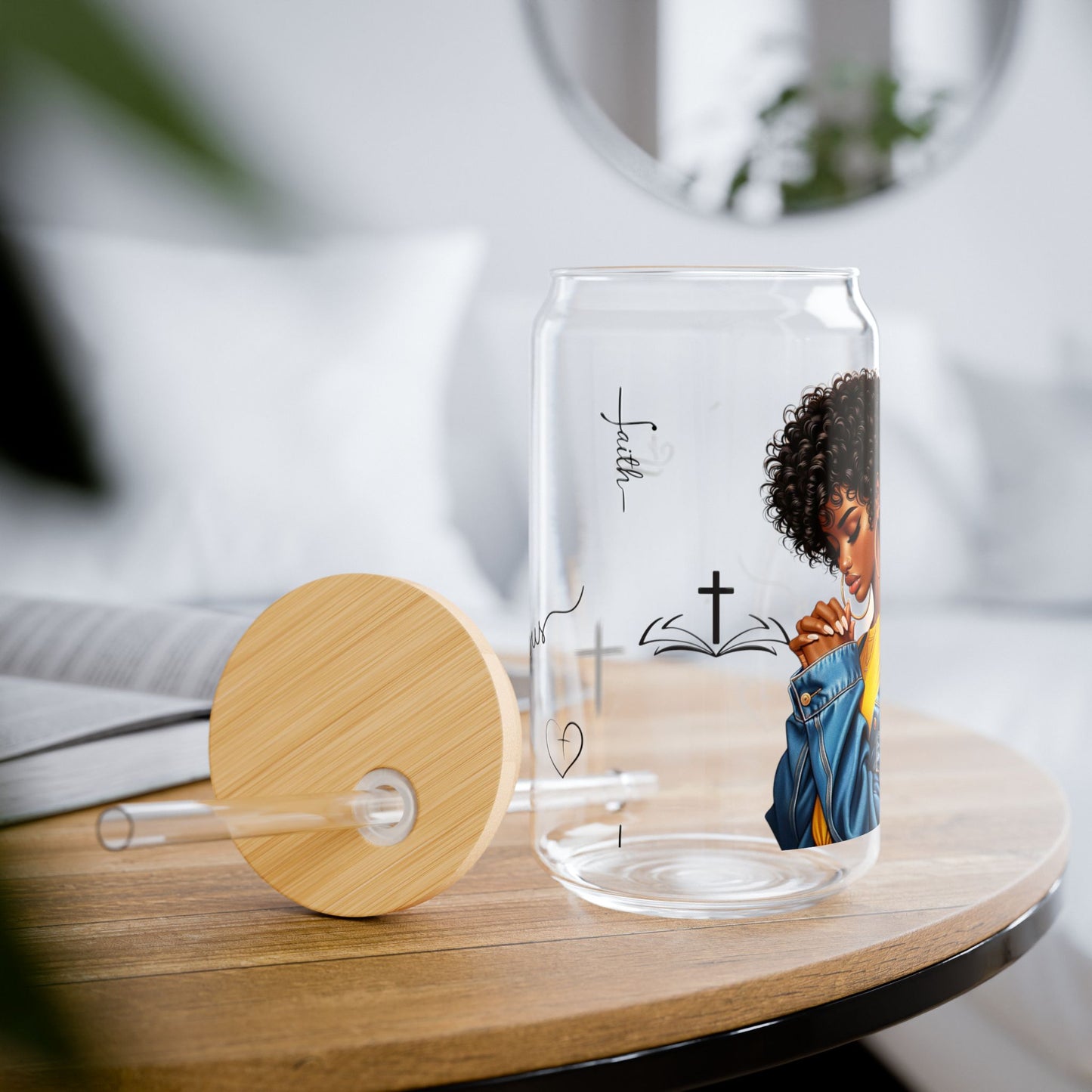 Praying Woman Christian Glass Cup with Bamboo Lid & Straw | Inspirational Faith Tumbler | Devotional Cross Glass, 16oz