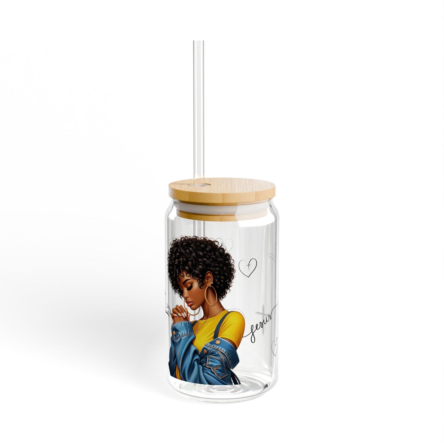 Praying Woman Christian Glass Cup with Bamboo Lid & Straw | Inspirational Faith Tumbler | Devotional Cross Glass, 16oz