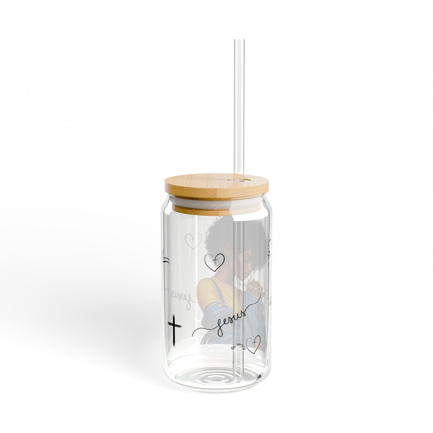 Praying Woman Christian Glass Cup with Bamboo Lid & Straw | Inspirational Faith Tumbler | Devotional Cross Glass, 16oz