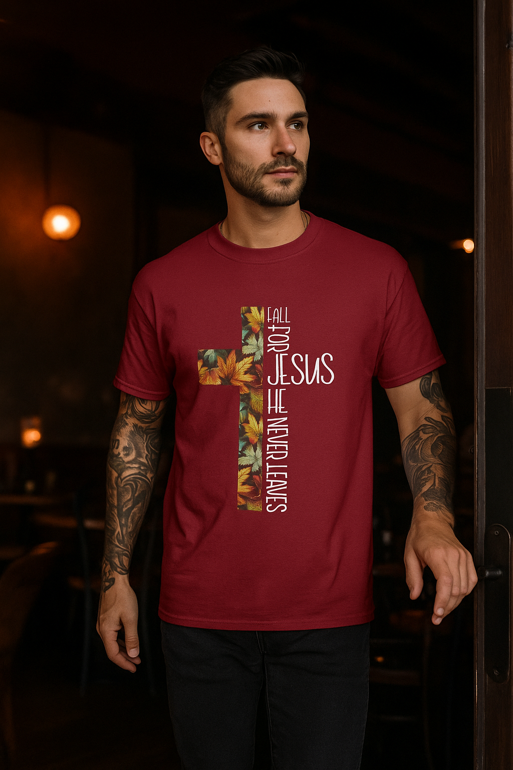 Fall for Jesus Christian T-Shirt – Faith Cross Graphic Tee with Autumn Leaves