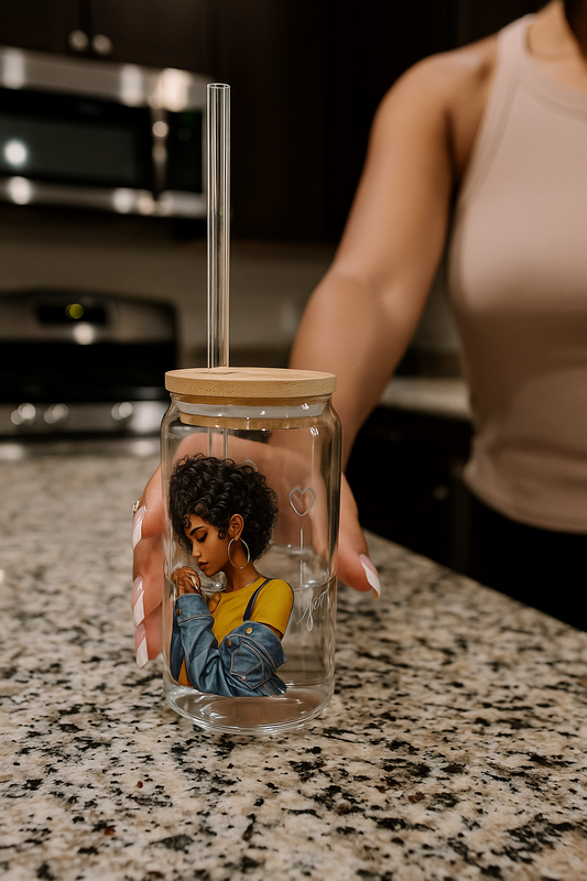 Praying Woman Christian Glass Cup with Bamboo Lid & Straw | Inspirational Faith Tumbler | Devotional Cross Glass, 16oz
