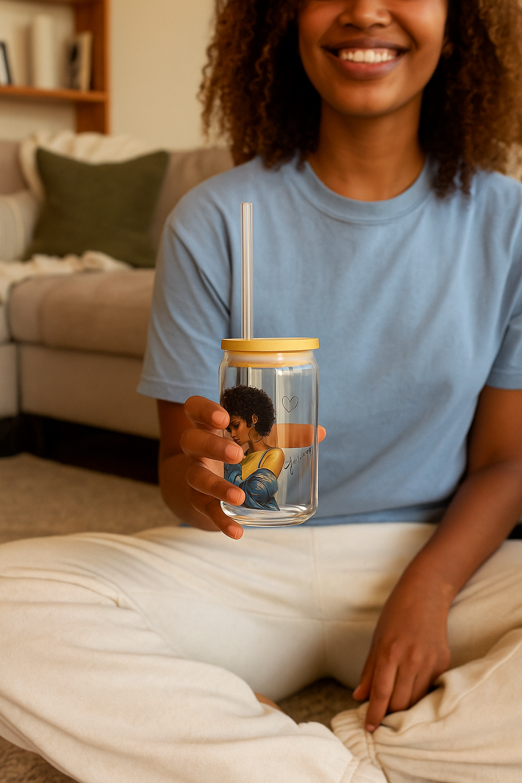 Praying Woman Christian Glass Cup with Bamboo Lid & Straw | Inspirational Faith Tumbler | Devotional Cross Glass, 16oz