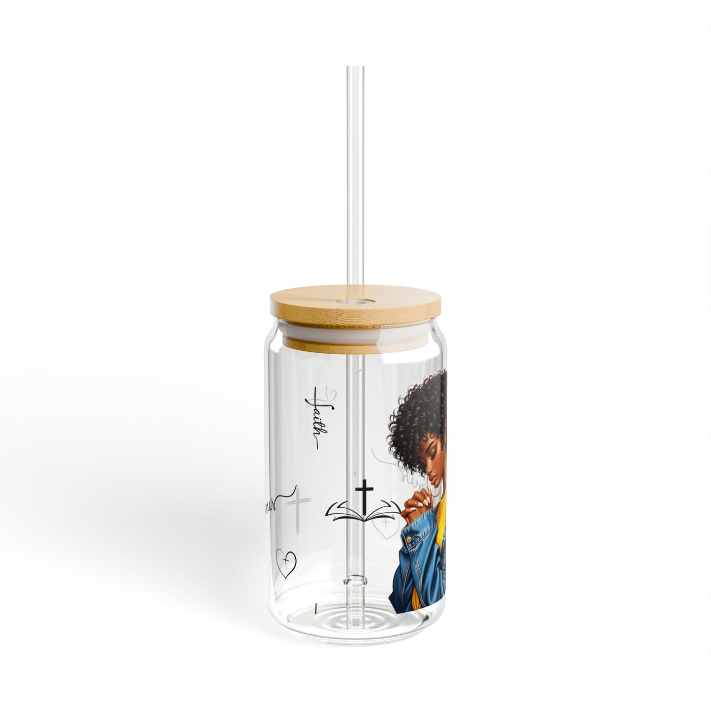 Praying Woman Christian Glass Cup with Bamboo Lid & Straw | Inspirational Faith Tumbler | Devotional Cross Glass, 16oz