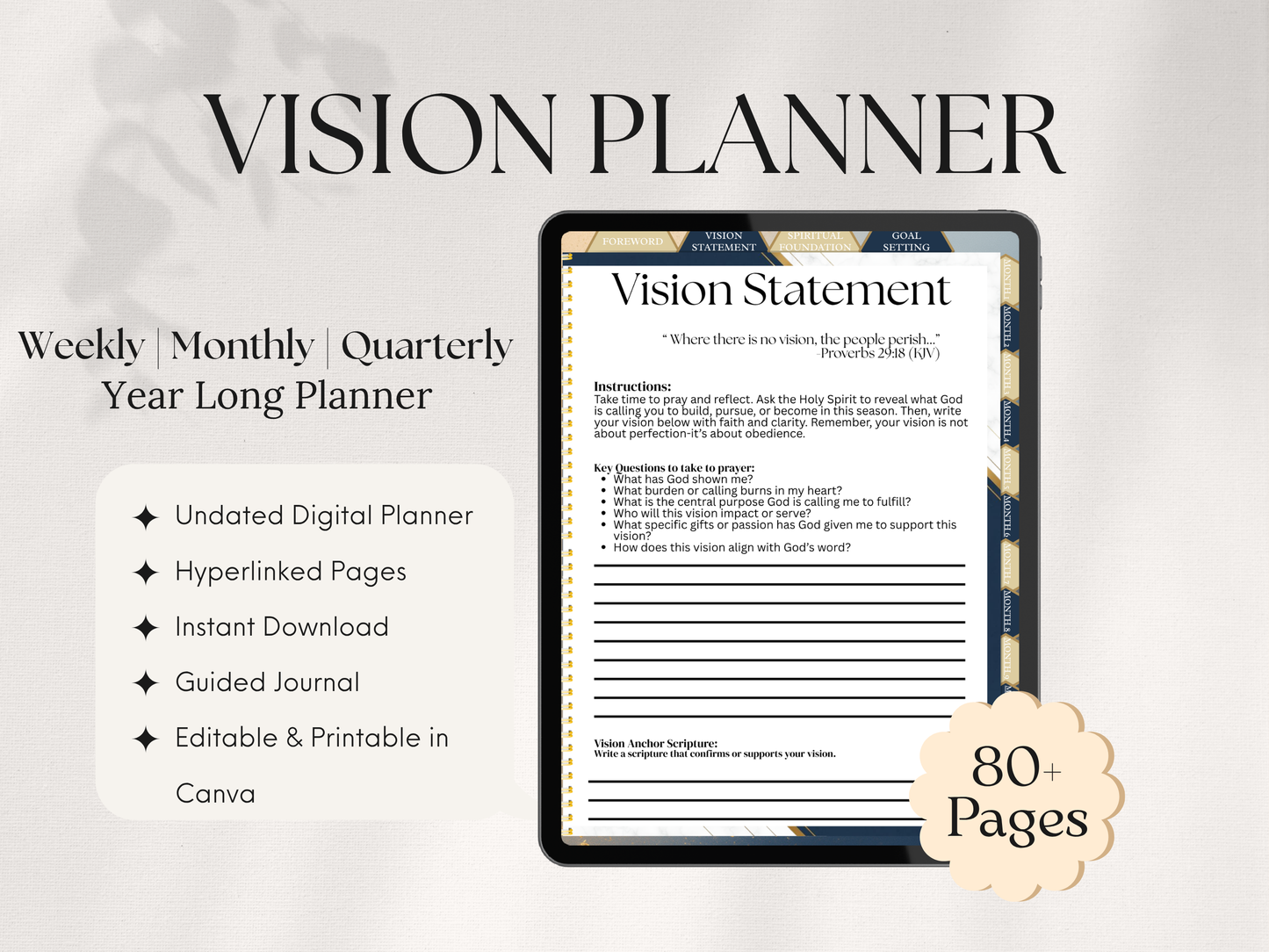 From Vision to Victory: Christian Digital Planner for God-Given Goals (Undated, Editable in Canva, 80+ Pages, Hyperlinked)