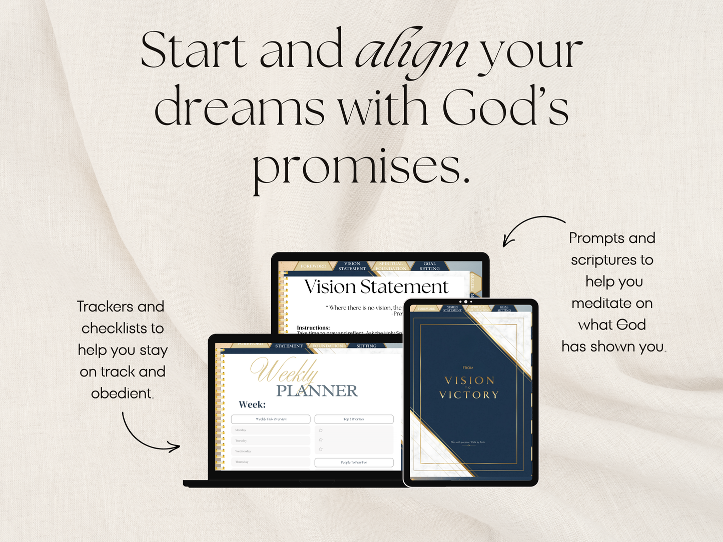 From Vision to Victory: Christian Digital Planner for God-Given Goals (Undated, Editable in Canva, 80+ Pages, Hyperlinked)