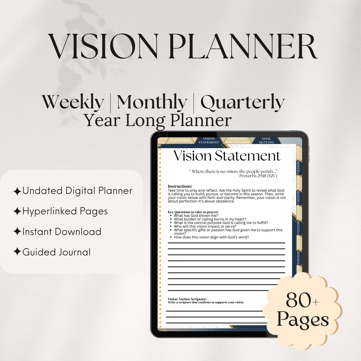 From Vision to Victory: Christian Digital Planner for God-Given Goals (Undated, 80+ Pages, Hyperlinked)